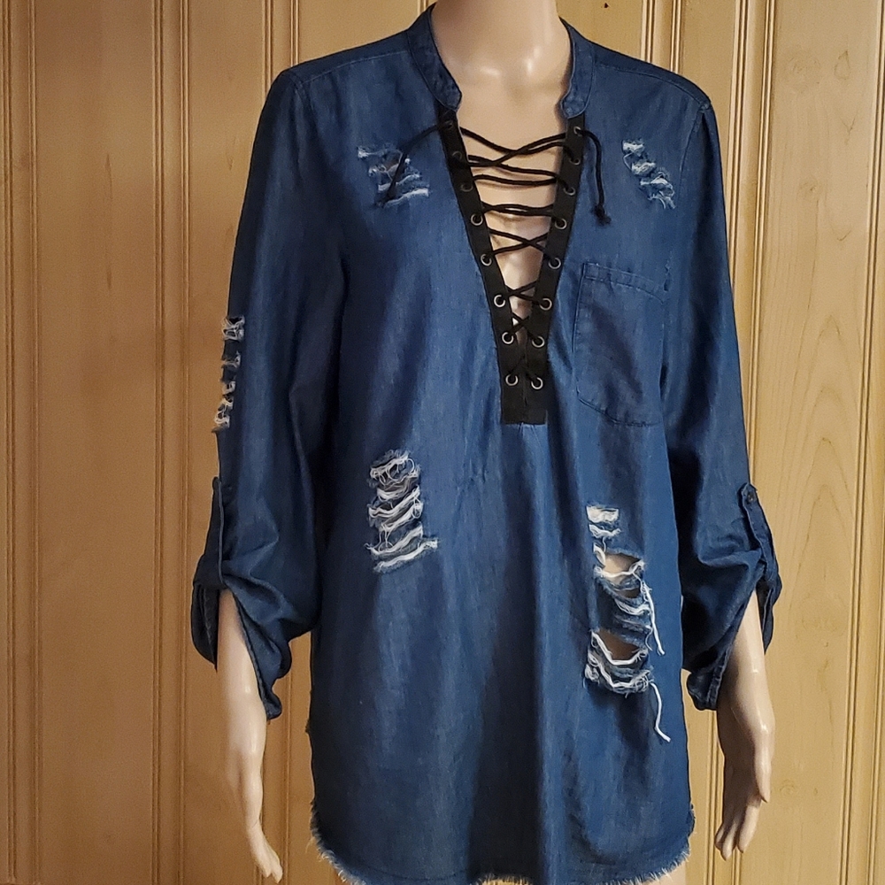 Star Style Denim Distressed Tunic